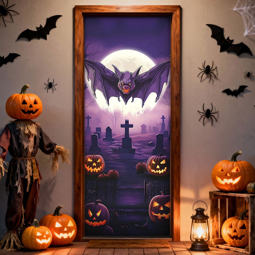 Capa de Porta Halloween Morcego Painel Retangular Decorativo Tecido Sublimado 0,80x2,10m - PTA-02