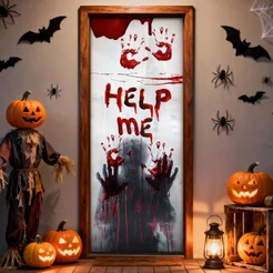 Capa de Porta Halloween Help Me Veste Porta Decorativo Tecido Sublimado 0,80x2,10m