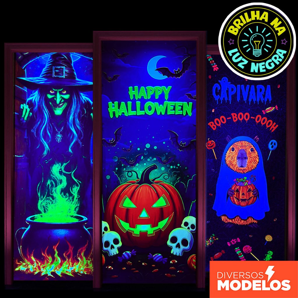 Capa de Porta Decoração Halloween 3d Neon Brilha C/ Luz Negra 3d 0,85x2,1m Tecido Sublimado C/Elástico em Oferta na Shopee
