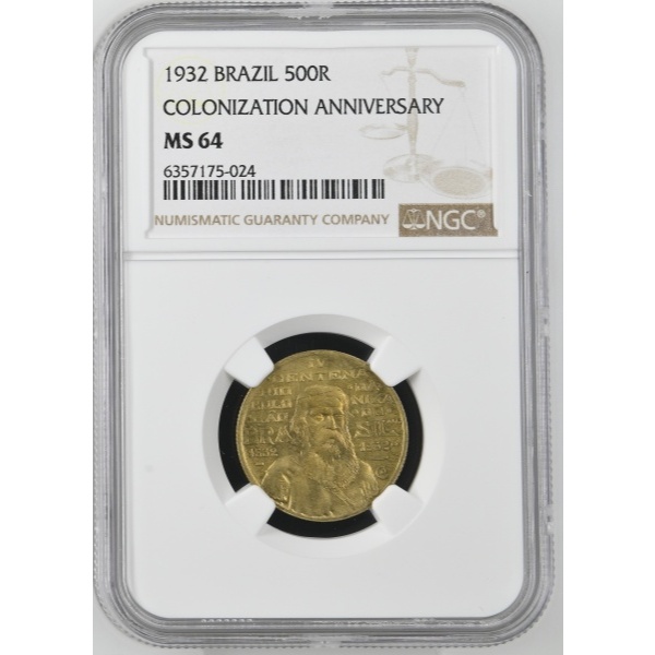 Certificada NGC -> Moeda 500 Réis 1932 🇧🇷 -> V138 -> Vicentina -> MS64 -> Flor de Cunho <-