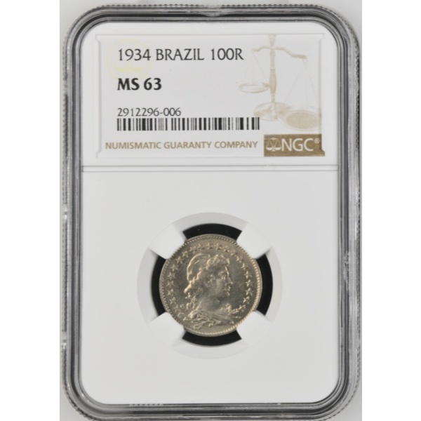 Certificada NGC -> Moeda 100 Réis 1934 🇧🇷 -> V089 -> MS63 -> Flor de Cunho <-