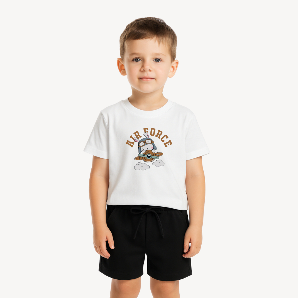 Conjunto Infantil Estampado Masculino Malha em Algodão Premium Kit Camiseta + Short Ursinho Avião