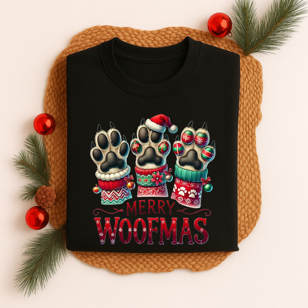 Camiseta Algodão Natalina Estampa Merry Woofmas 553 Divertida Encantadora Estilosa