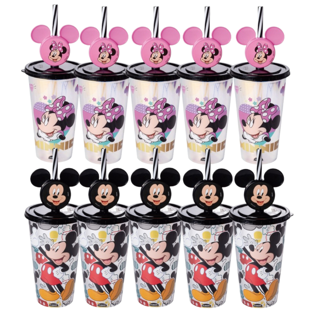 Kit Festa Lembrancinha Aniversário Copo Canudo Minnie e Mickey 500 mL Plasútil Resistente Seguro