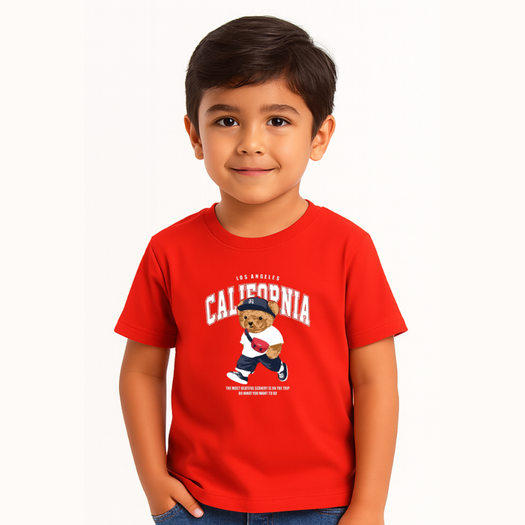 Camiseta Infantil Masculina De Algodão Premium Moderna Ursinho California