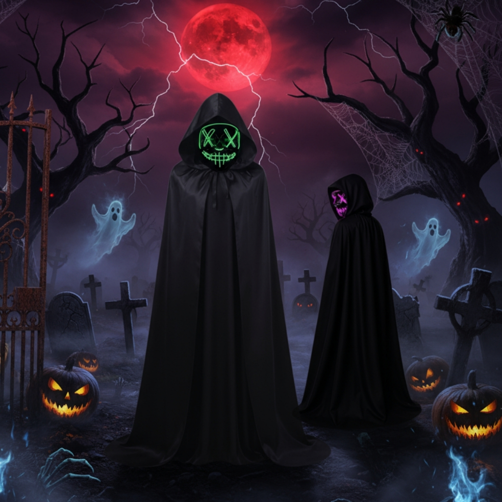 Kit Mascara + Capa  Halloween Fantasia Adulto Halloween Com Capuz Lisa Assustador Terror Noite