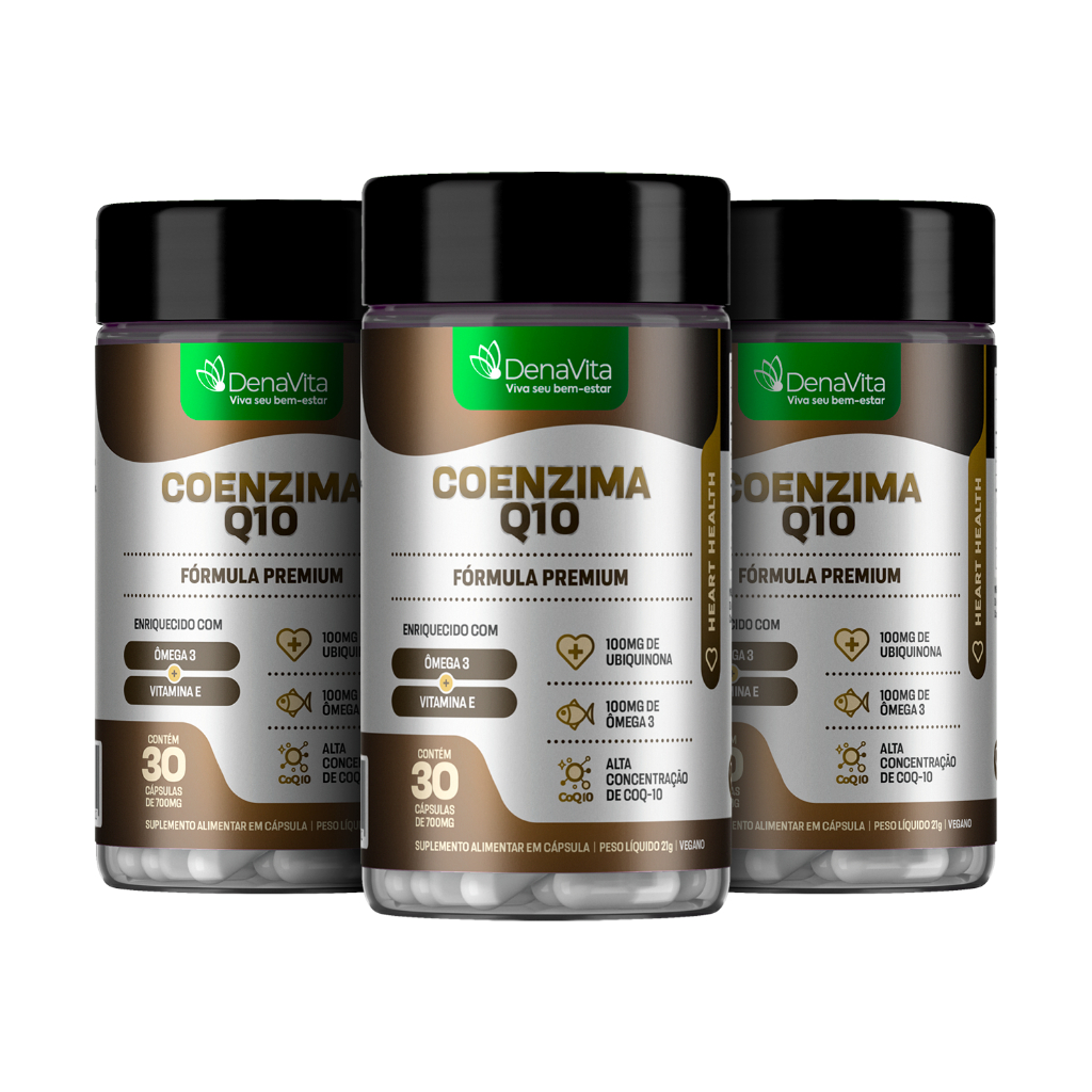Kit Coenzima Q10 + Ômega 3 Vegetal + Vitamina E - Energia, Vitalidade e Saúde Denavita