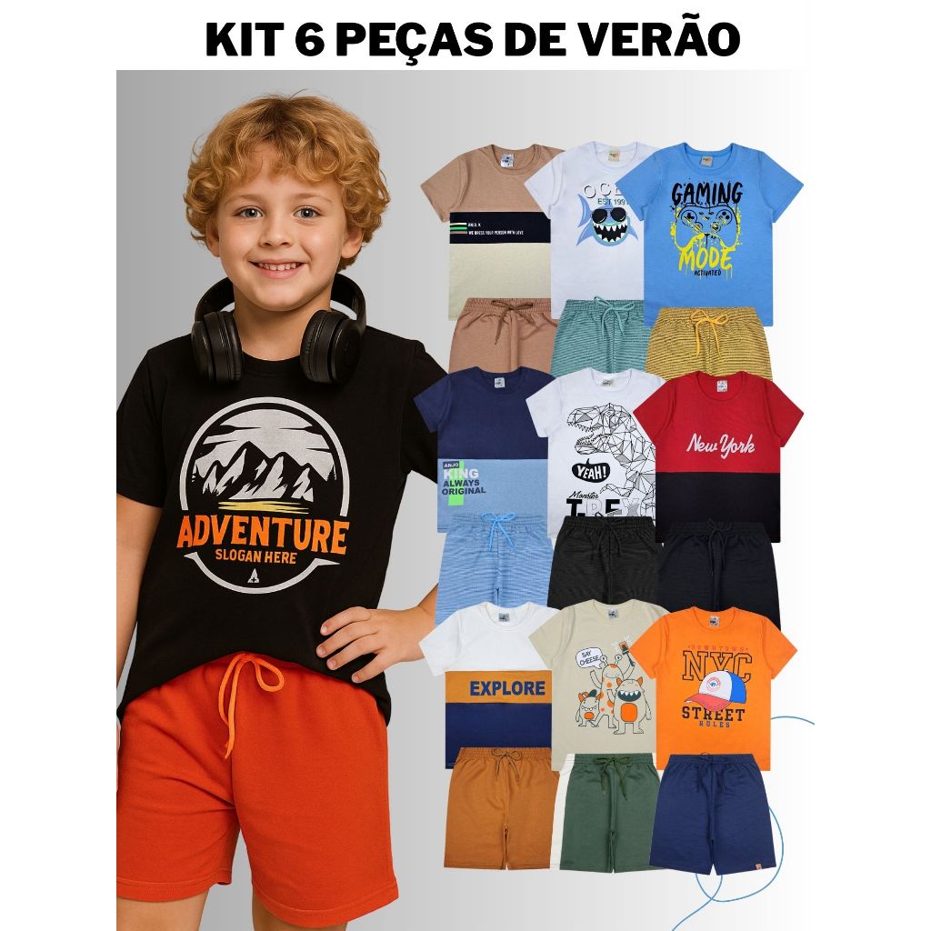 Kit Sortido 6 Peças de Roupa Infantil Menino - 3 Camisetas + 3 Bermudas Roupa Masculino Criança Verão Atacado Barato