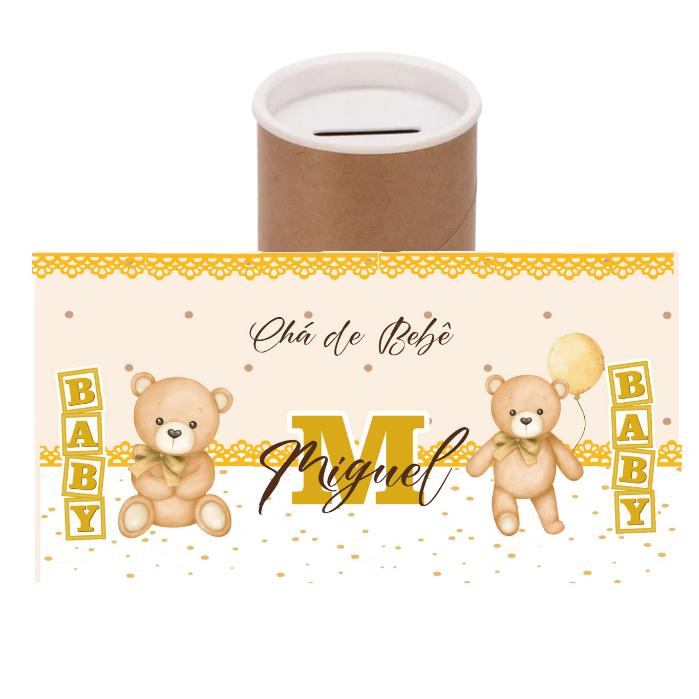 tubo lata cofrinho personalizado tema URSINHO BEGE NEUTRO cofre festa infantil cha revelação tubo lata chá de bebê