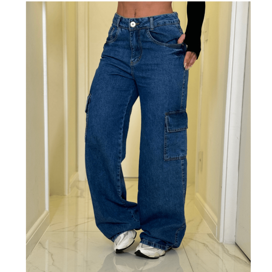 Calça Jeans Cargo Wide Feminina Moda Street Tecido Premium Lavagem Escura em Oferta na Shopee