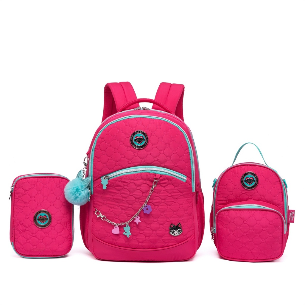 Kit Mochila Lancheira Estojo Rosa Juvenil Material Reforçado Feminina Escolar