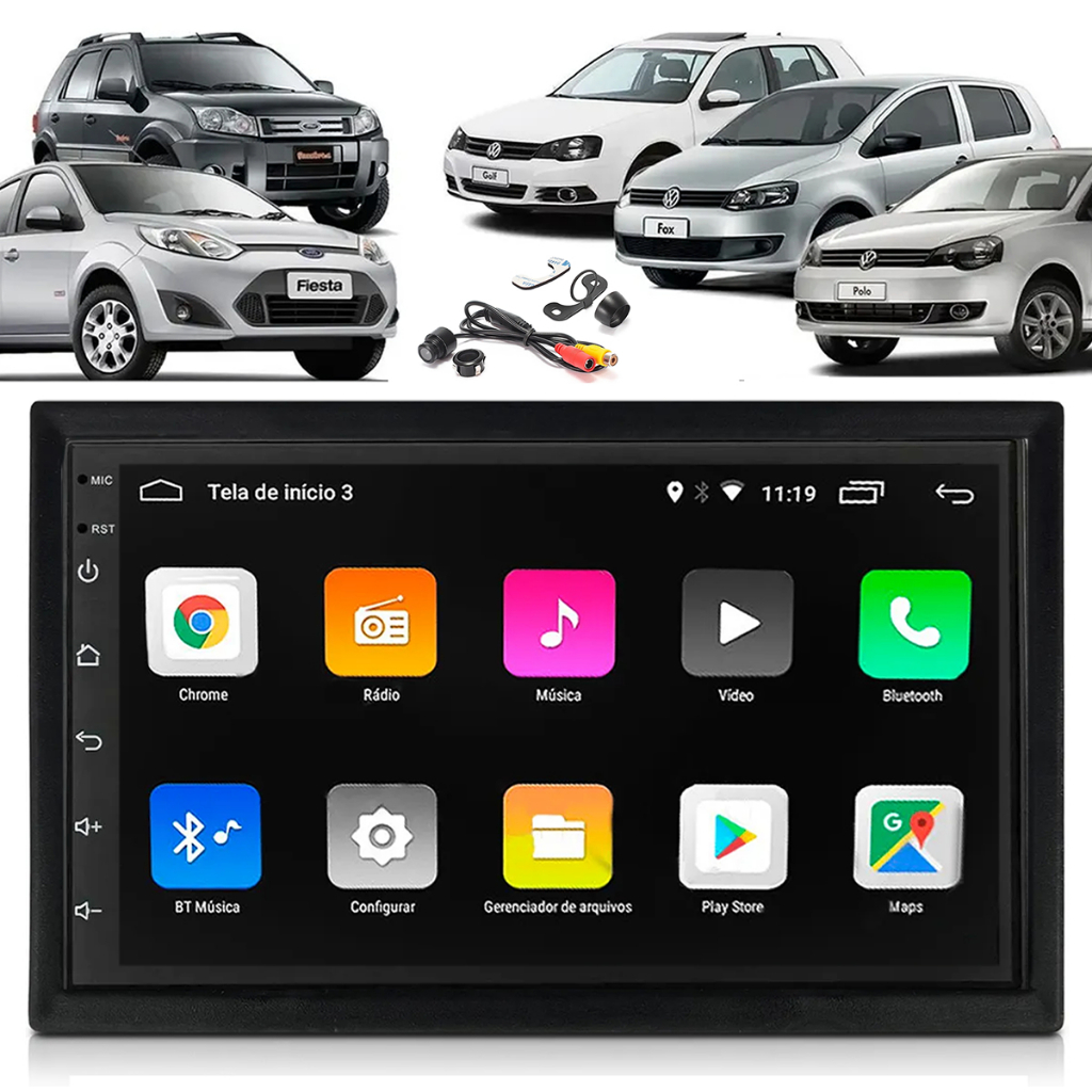 Kit Multimídia Android Auto Carplay Gps Mp5 Golf Fox Polo Fiesta Ecosport + Câmera Ré + Moldura 7pol