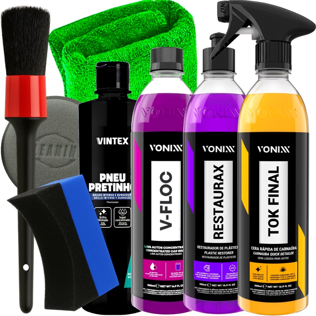 Kit Completo Vonixx Shampoo Automotivo V-Floc Restaurax Pneu Pretinho Cera Tok Final 500ml e Acessórios Karbox