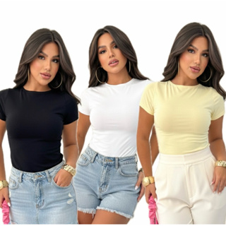 Kit 3 Blusas Femininas Suplex Alta Compressão Manga Curta Justinha Básica Slim Fit Baby Tee Moda Casual e Confortável em Oferta na Shopee
