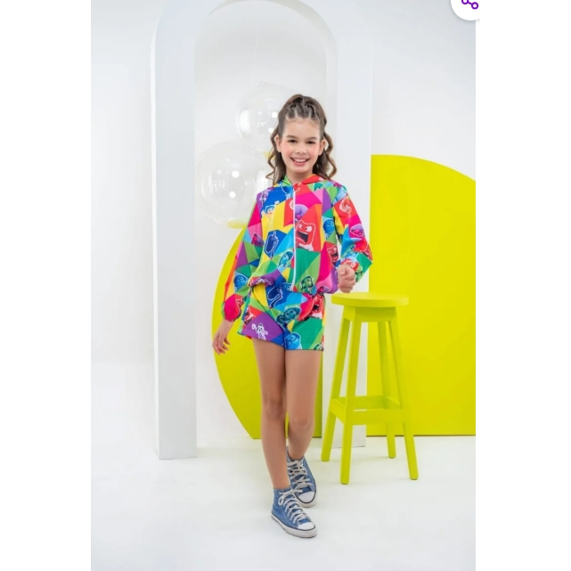 Conjunto Bomber e Shrot Infantil Menina Personagem com capuz