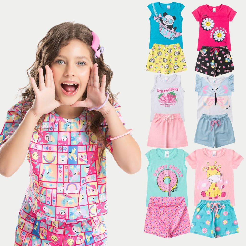 Kit Sortido 12 Peças de Roupas Infantis Feminino Verão - 6 Camisetas + 6 Bermudas Menina - ED KIDS