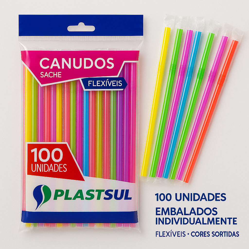 Kit 500 Canudo Flexível PlastSul Dobrável Colorido Embalado Individual Descartável Festa 100 até 500
