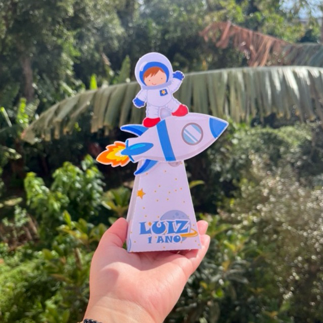 CAIXINHA PIRÂMIDE ASTRONAUTA PERSONALIZADA LEMBRANCINHA FESTA INFANTIL MENINO FOGUETE