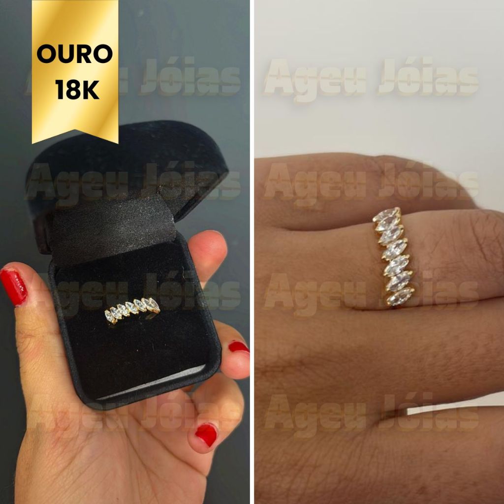 Anel Navete Ouro 18k Meia Aliança Aparador Zirconia