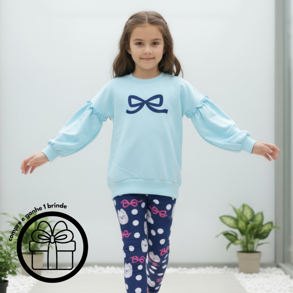 Conjunto Inverno Infantil Feminino Menina Blusa Moletom com Laço Veludo Calça Legging Peluciada