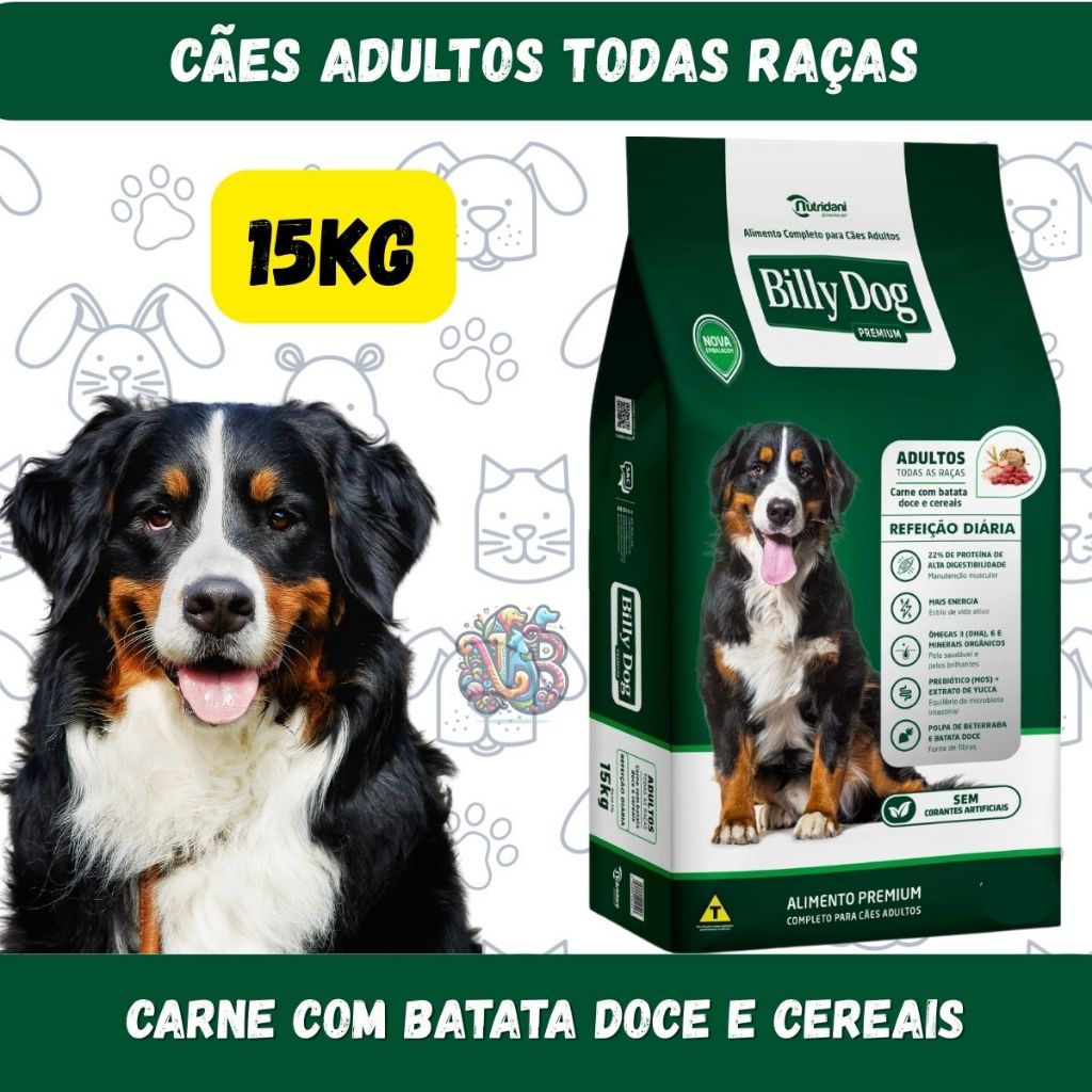 Billy Dog Ração Premium Cães Adultos Refeição Diaria Carne B. Doce Cereais 15Kg