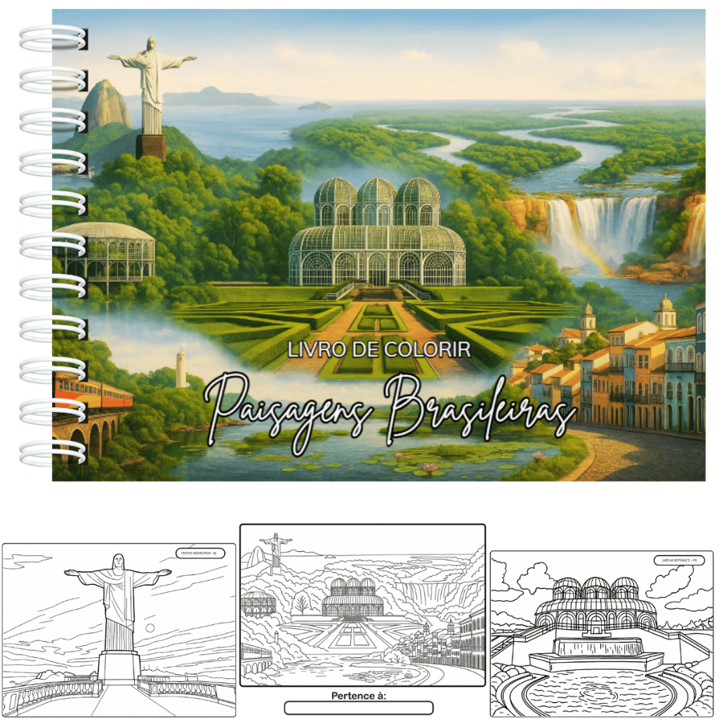 Livro de Colorir Paisagens Brasileiras Pontos Turísticos Brasileiros Capa Dura A5 50 Folhas 180g