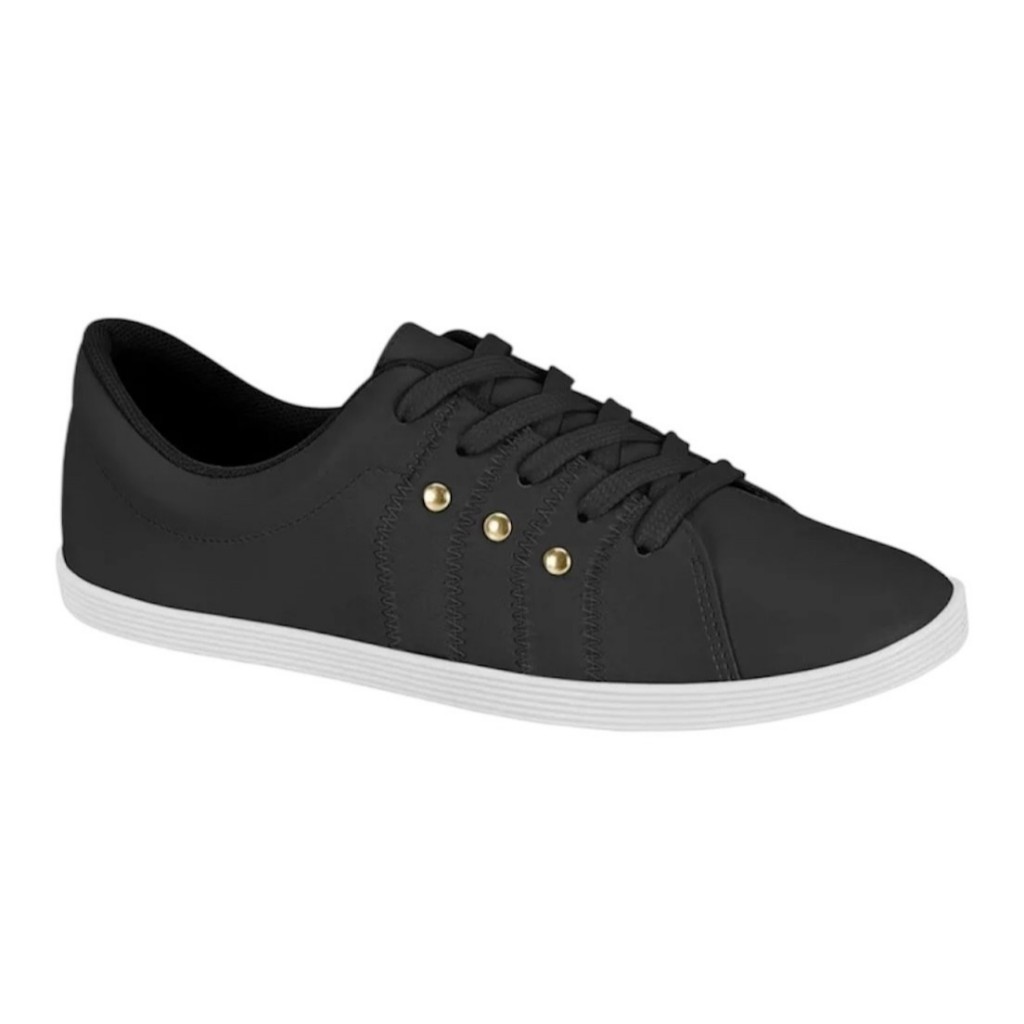 Tênis Casual Beira Rio Feminino Preto com Detalhes Dourados