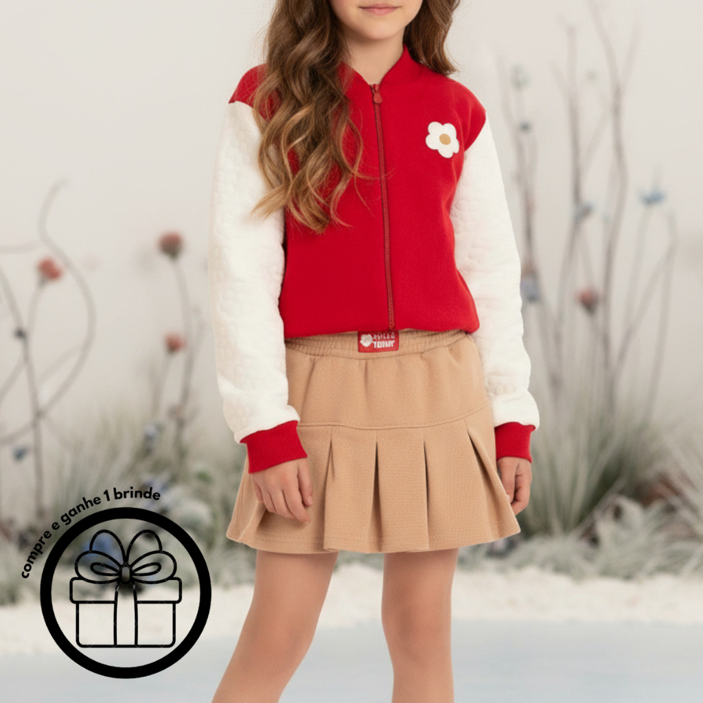 Conjunto Inverno Meia Estação Infantil Feminino Menina Moletom Bomber C/Ziper e Shot Saia Moletom