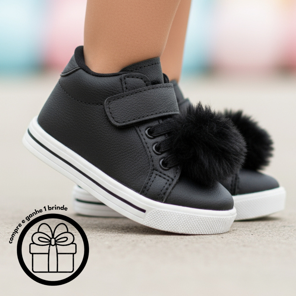 Tênis Infantil Menina Preto com  Pompom Casual Bebe S/ Cadarço Cano Alto Longo Leve Macio Confortável Dia Dia Criança