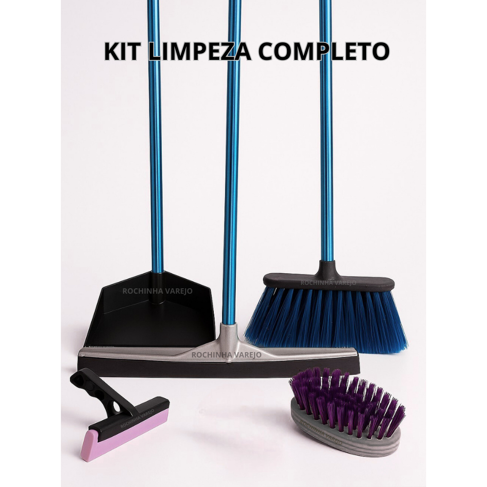 Kit Vassoura, Rodo Grande Duplo,  Pá de Lixo Com Cabos, rodinho pia cozinha e escovinha madeira para lavar tênis, roupa
