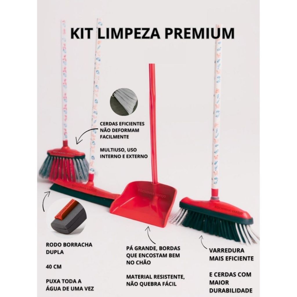 Kit Vassoura com Cabo, Rodo Duplo Grande com Cabo, Vassoura de Pelo com Cabo e Pá de lixo com Cabo
