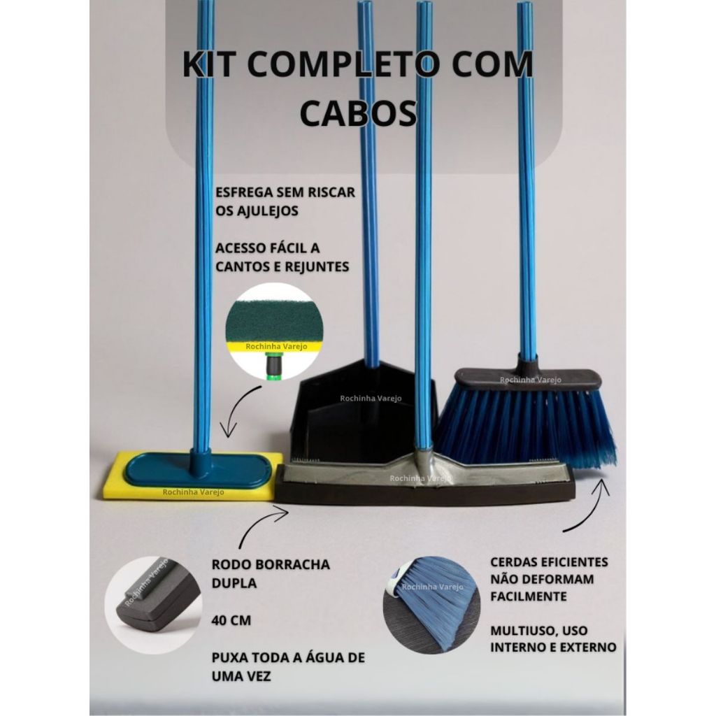 Kit Vassoura, Rodo Grande Duplo, Pá de Lixo e Lava Limpa Azulejo Esfregão com Cabo em Oferta na Shopee