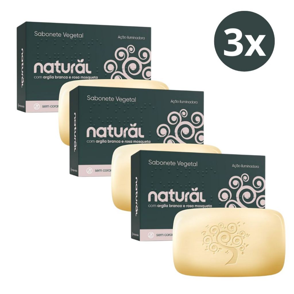 Kit 3 Sabonetes em Barra Natural - Argila Branca e Óleo de Rosa Mosqueta 80g