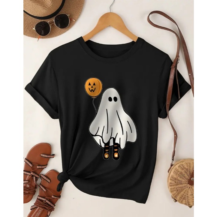 Camisa Básica Moda Halloween Fantasia Criativa Fantasma do Medo com Balão Camiseta Unissex Manga Curta Gola Redonda