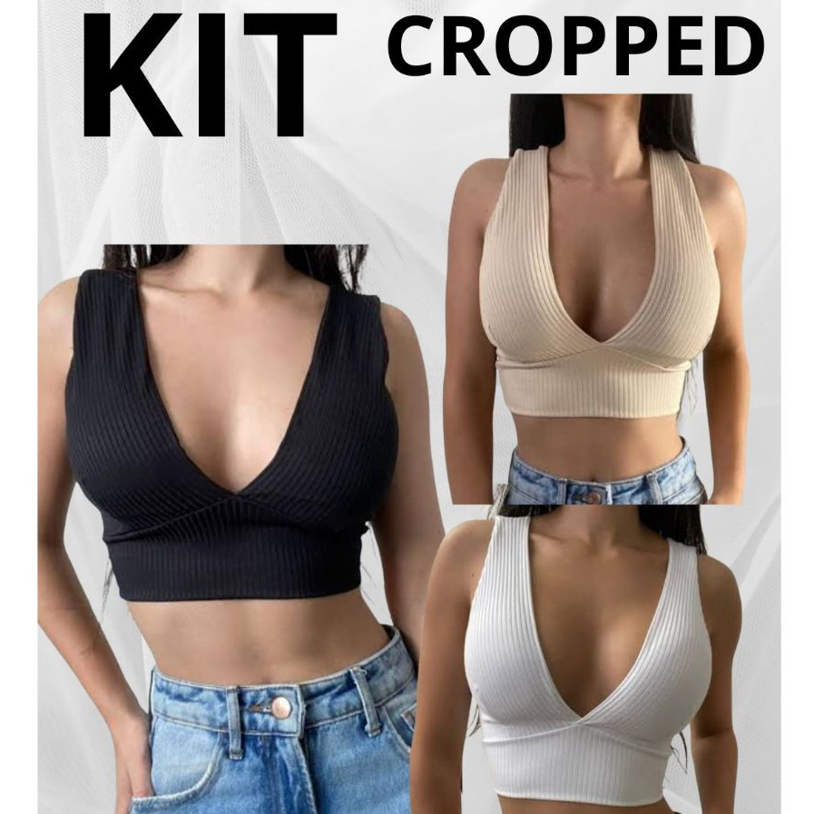 KIT Top Cropped Feminino Decote V Moda Gringa Canelado Premium Blusa Estilosa Verao Top Academia