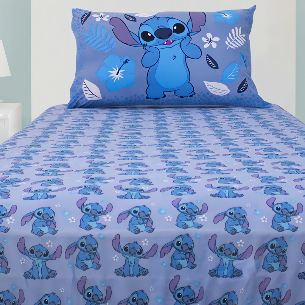 Jogo De Lençol Solteiro Infantil Em Malha Stitch Blue Jogo Cama Elástico Disney Oficial 3 Peças