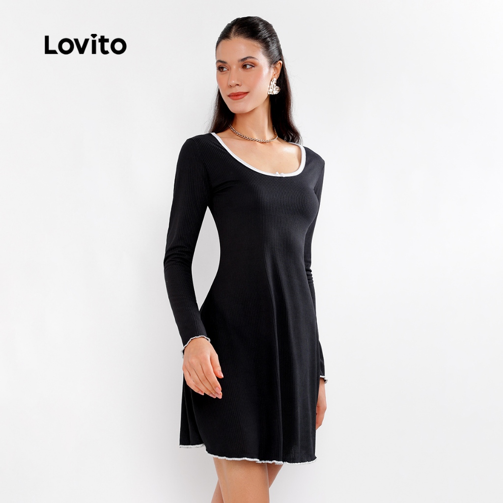 Lovito Vestido Contraste Friso Liso com Laço Feminina LB457BRL486 em Oferta na Shopee