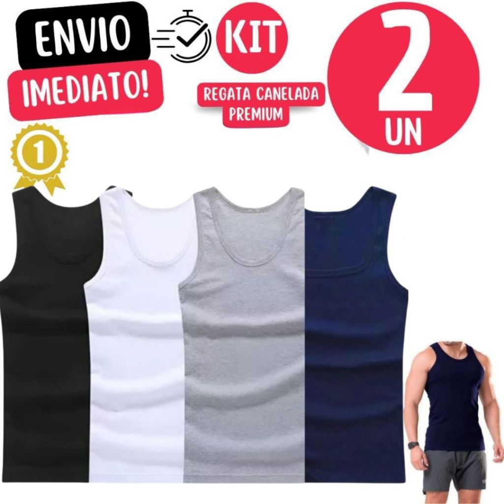 Kit Com 2 Regata Canelada Premium Masculina Modelo Americano Algodão Com Elastano