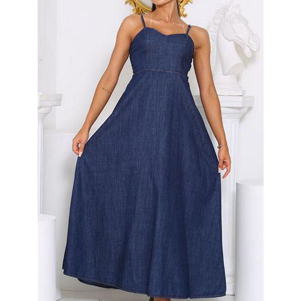 Vestido feminino longo jeans com alça regulável envio imediato em Oferta na Shopee