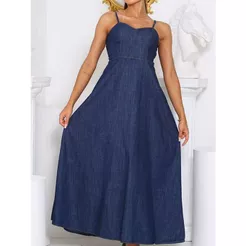 Vestido feminino longo jeans com alça regulável envio imediato