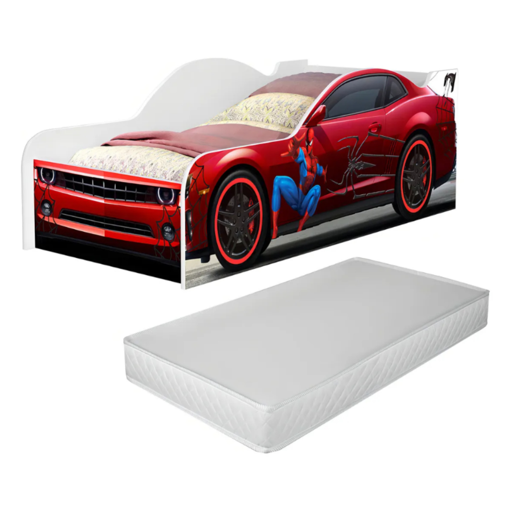 Cama Infantil Carro Homen Aranha + Colchão Menino Quarto Temático Proteção Lateral Solteiro Design Divertido