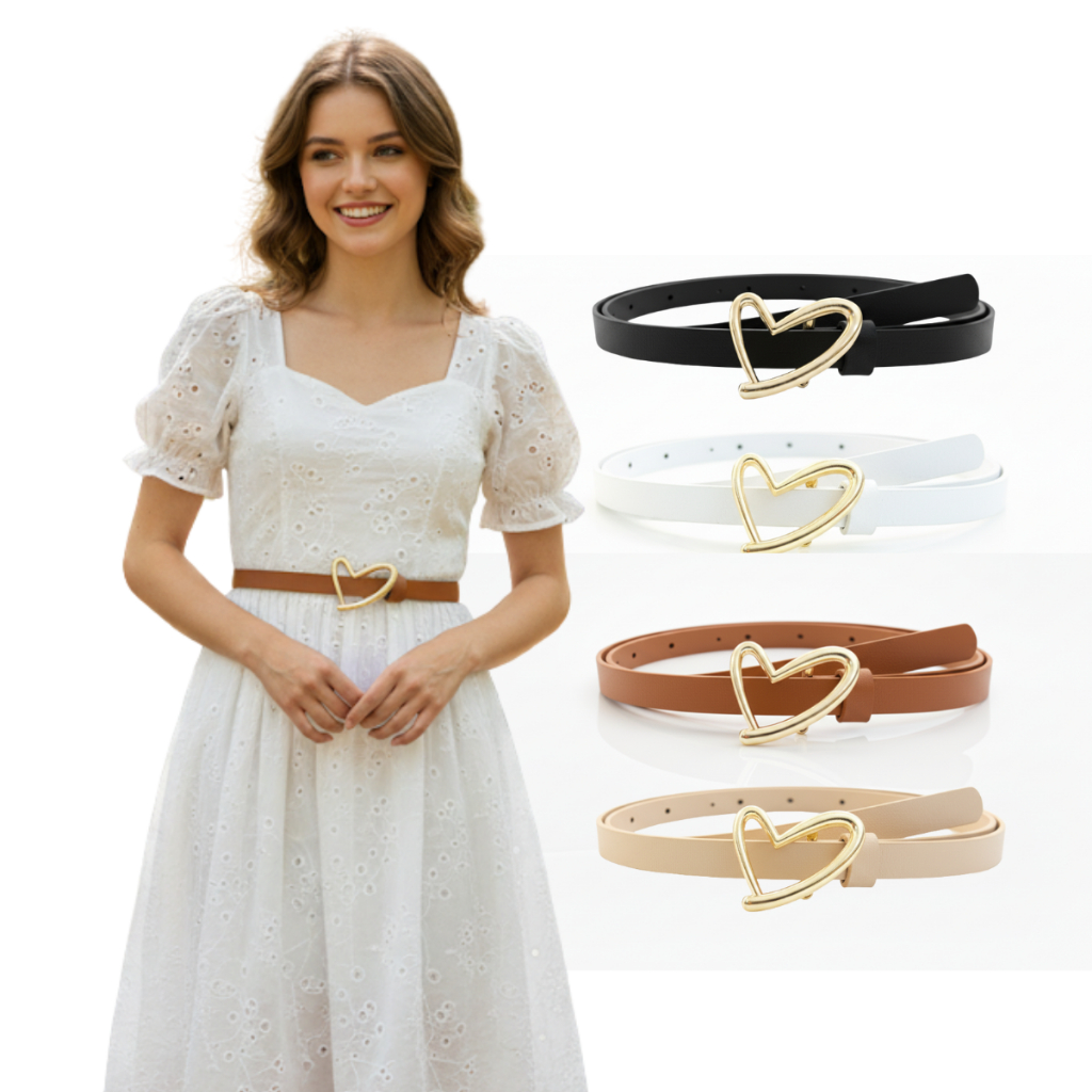 Kit 4 Cintos Femininos Fino para Vestido, Slim e Plus Size, Fivela Coração Prata e Dourada 1.5cm- Julieta