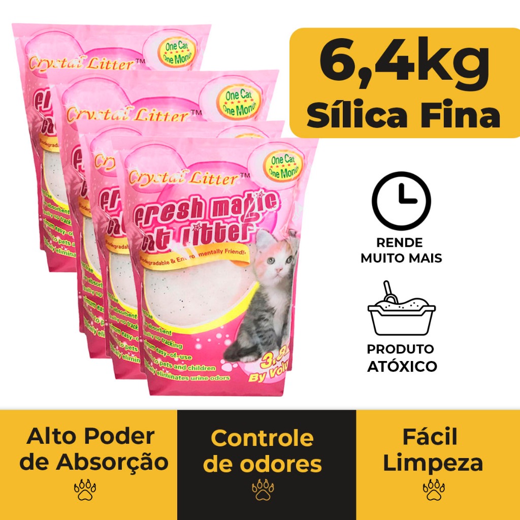 4 Pacotes de Areia Sanitária para Gato Micro-Cristais Sílica Gel Cada Pacote com 1,6kg (FINA)