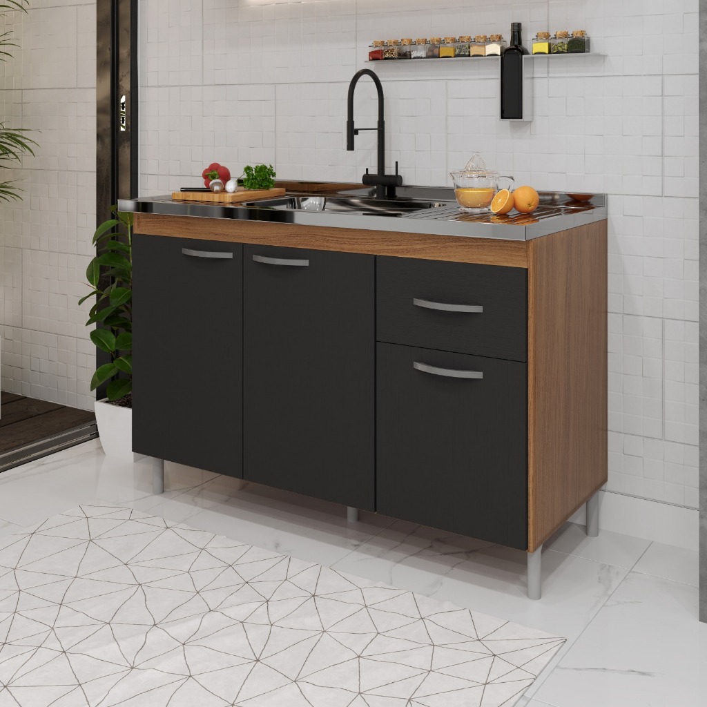 Balcão de Cozinha Pia de 120cm Sem Tampo Suiça POP SHARK MOVEIS 3 Portas 1 Gaveta em Oferta na Shopee