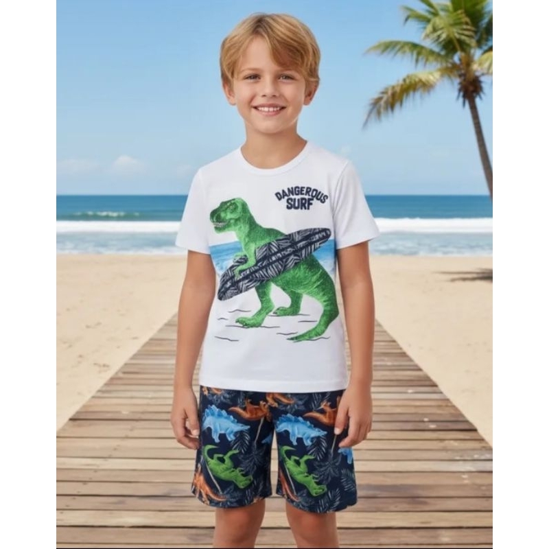 Conjunto Infantil Masculino Camiseta + Bermuda Microfibra Dinossauro Kyly