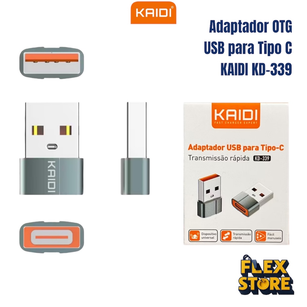 Adaptador OTG USB para Tipo C Transferência de dados Kaidi KD-339 Conector Celular Tablet Notebook Transmissão rapida