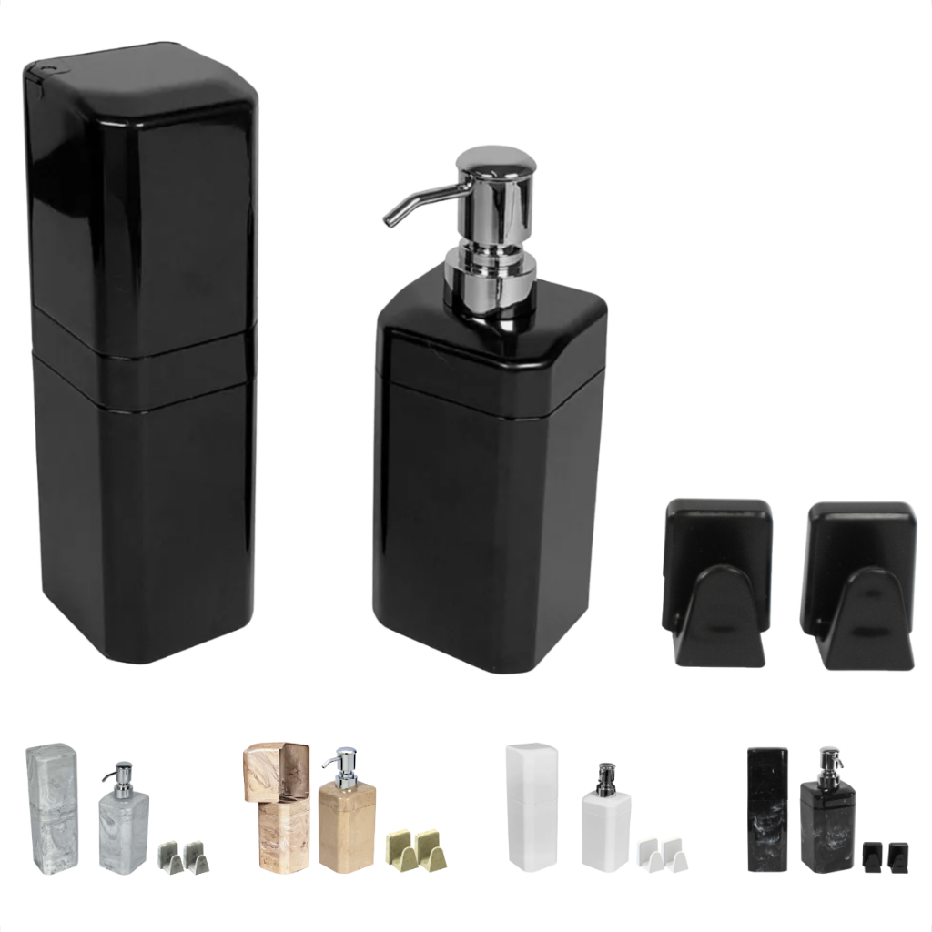 Kit 4 Peças Porta Escova + Porta Sabonete Líquido + 2 Ganchos Multiuso