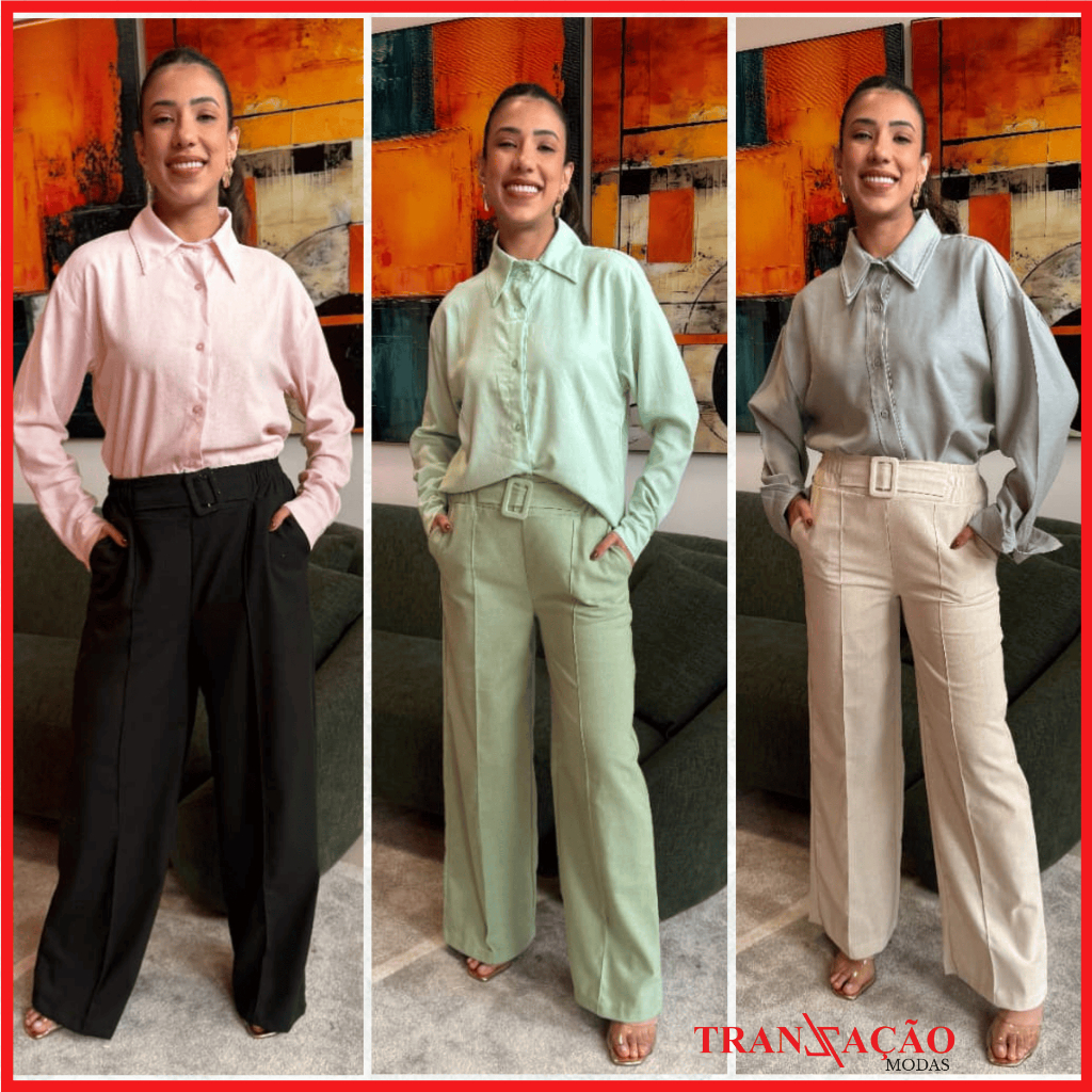 Calça Pantalona Feminina Alfaiataria Duna Com Elástico Cintura Alta Com Bolso Social Bolso Wide Leg