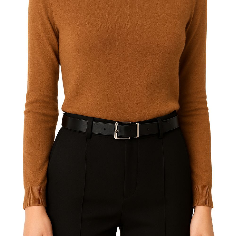 Cinto Feminino Couro Legítimo Preto 2,5cm de Largura Fivela Quadrada Niquel Moda Luxo Namorada Mãe