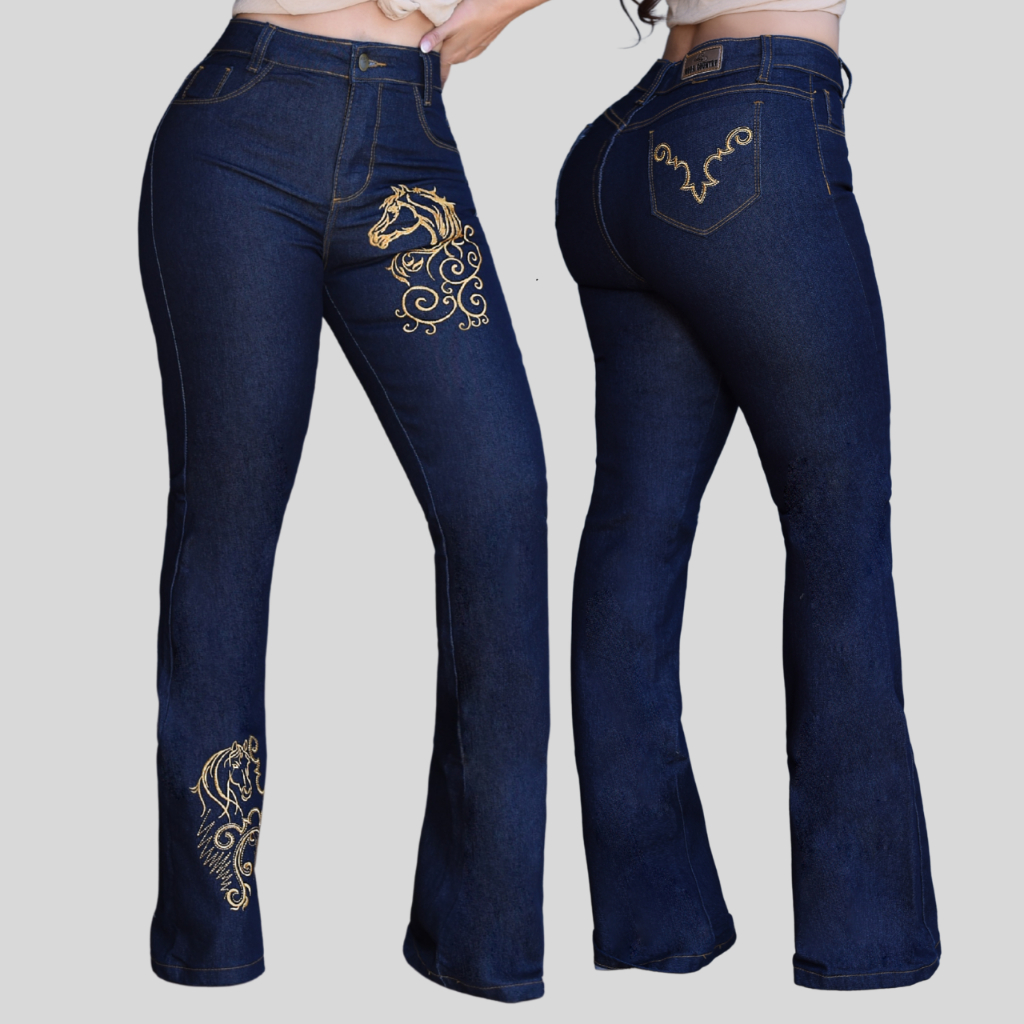 Calça jeans Feminina Flare Country Bordada, Muladeira Rodeio Com Elastano Cos Alto Premium Boiadeira